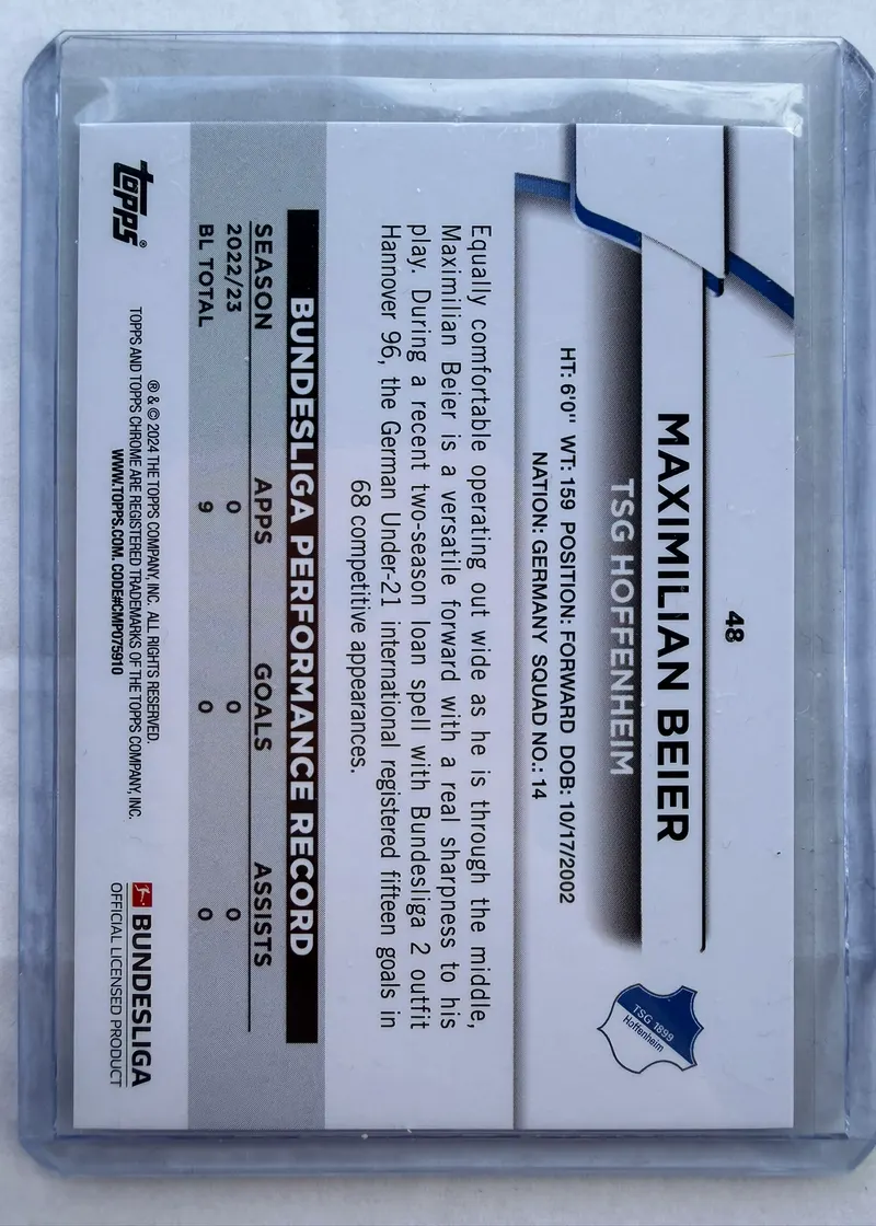 Maximilian Beier, Topps Bundesliga Jade Edition 2023/24, karta 48 — rewers z zestawieniem występów w Bundeslidze