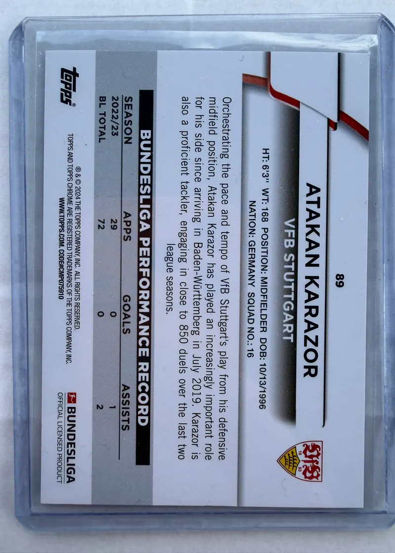 Atakan Karazor, Topps Bundesliga Jade Edition 2023/24, karta 89 — rewers z zestawieniem występów w Bundeslidze