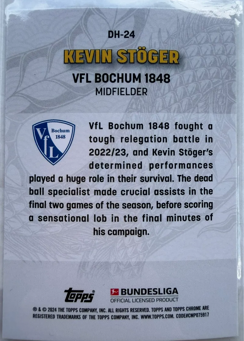 Kevin Stöger, Topps Bundesliga Jade Edition 2023/24, karta DH-24 — rewers z opisem sezonu i herbem VfL Bochum