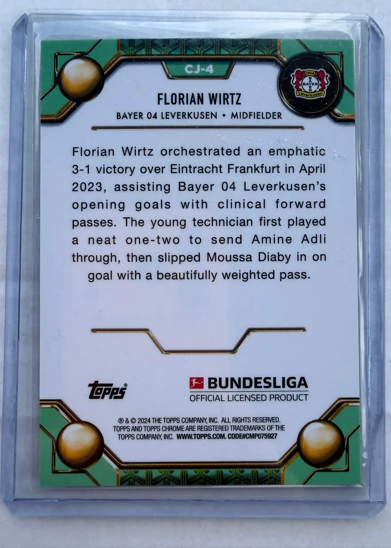 Florian Wirtz, Topps Bundesliga Jade Edition 2023/24, karta CJ-4 — rewers z opisem meczu z Eintrachtem Frankfurt i logo Bundesligi