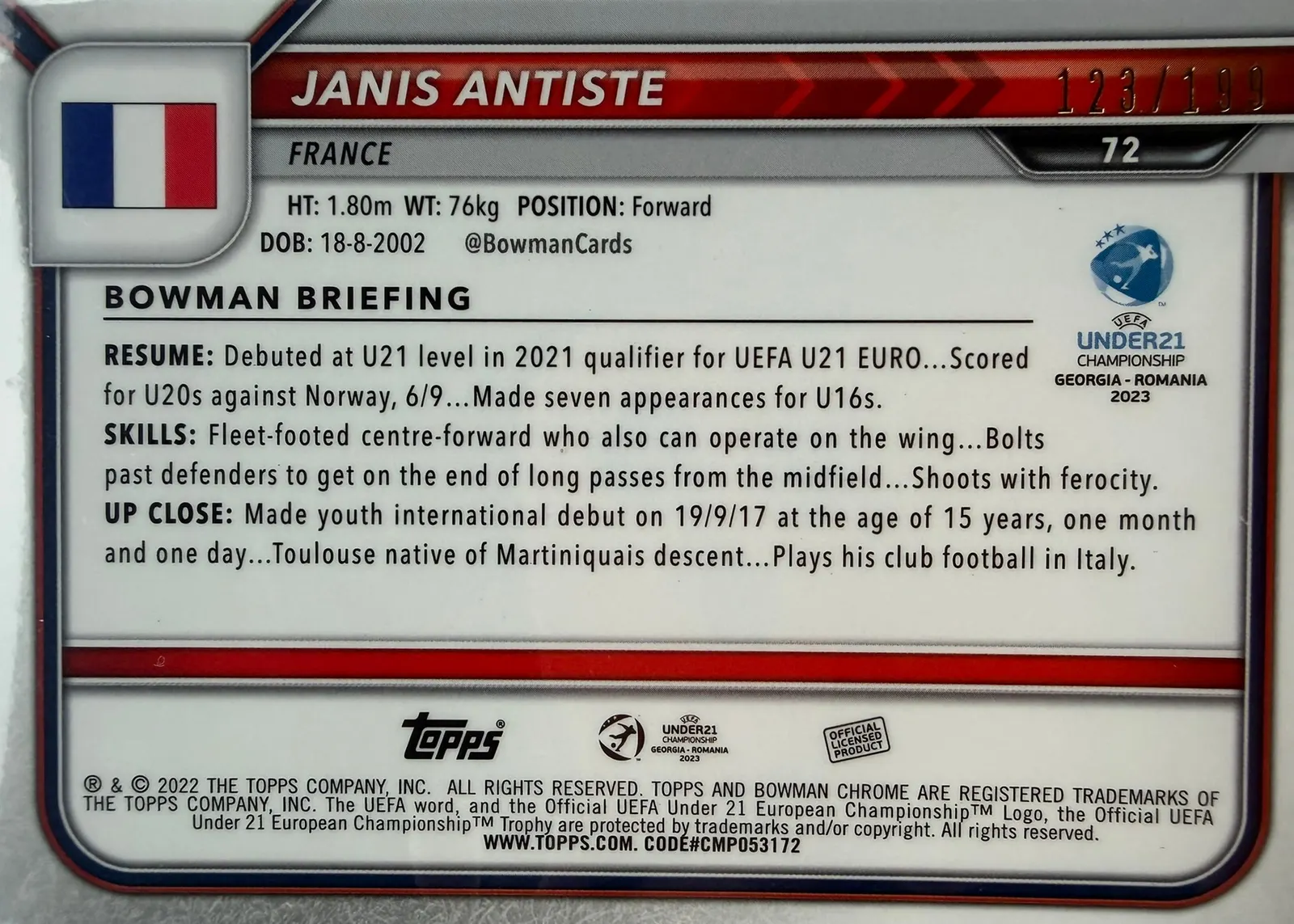 Janis Antiste, Topps Bowman Chrome Road to UEFA Under-21 2023 — poziomy rewers karty 72 ze złotą numeracją 123/199 i flagą Francji