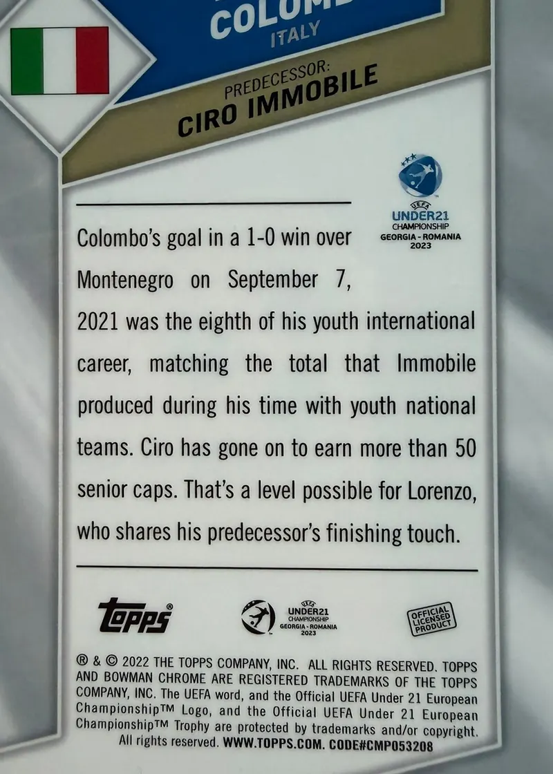 Lorenzo Colombo, Topps Bowman Chrome Road to UEFA Under-21 2023 — rewers karty CF-12 z nazwiskiem poprzednika Ciro Immobile
