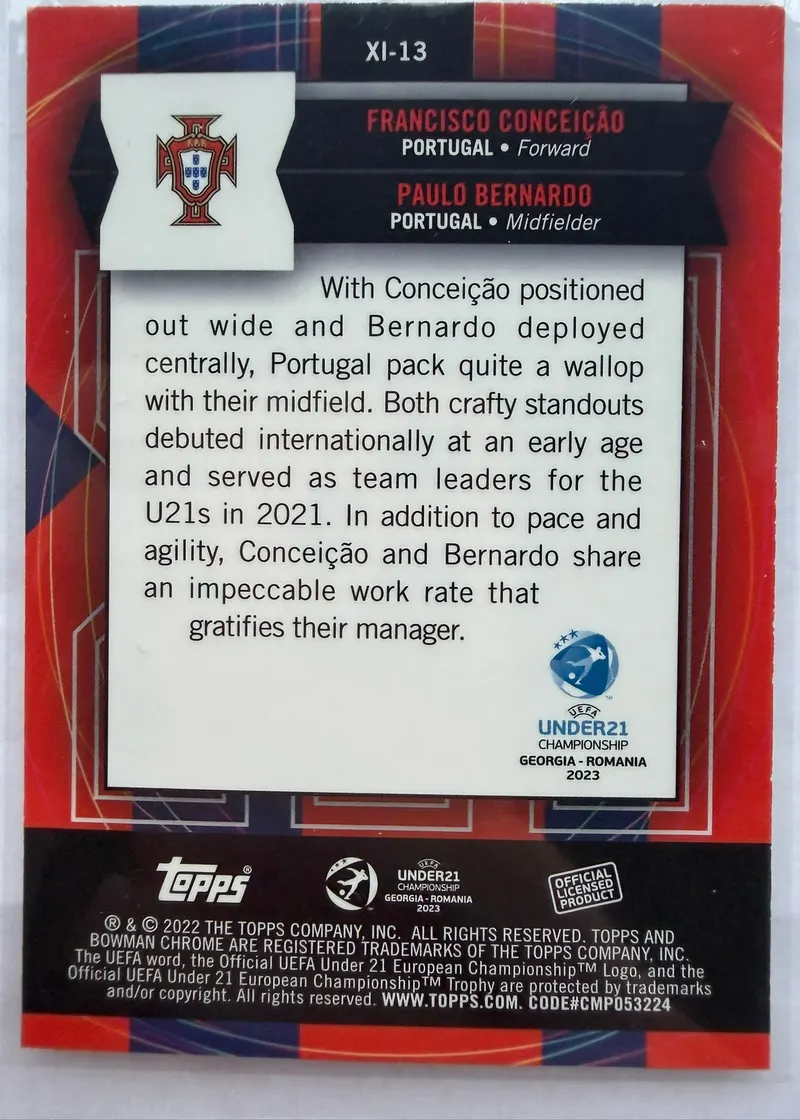 Francisco Conceição i Paulo Bernardo, Topps Bowman Chrome Road to UEFA Under-21 2023 — rewers karty XI-13 z opisem obu zawodników i flagą Portugalii