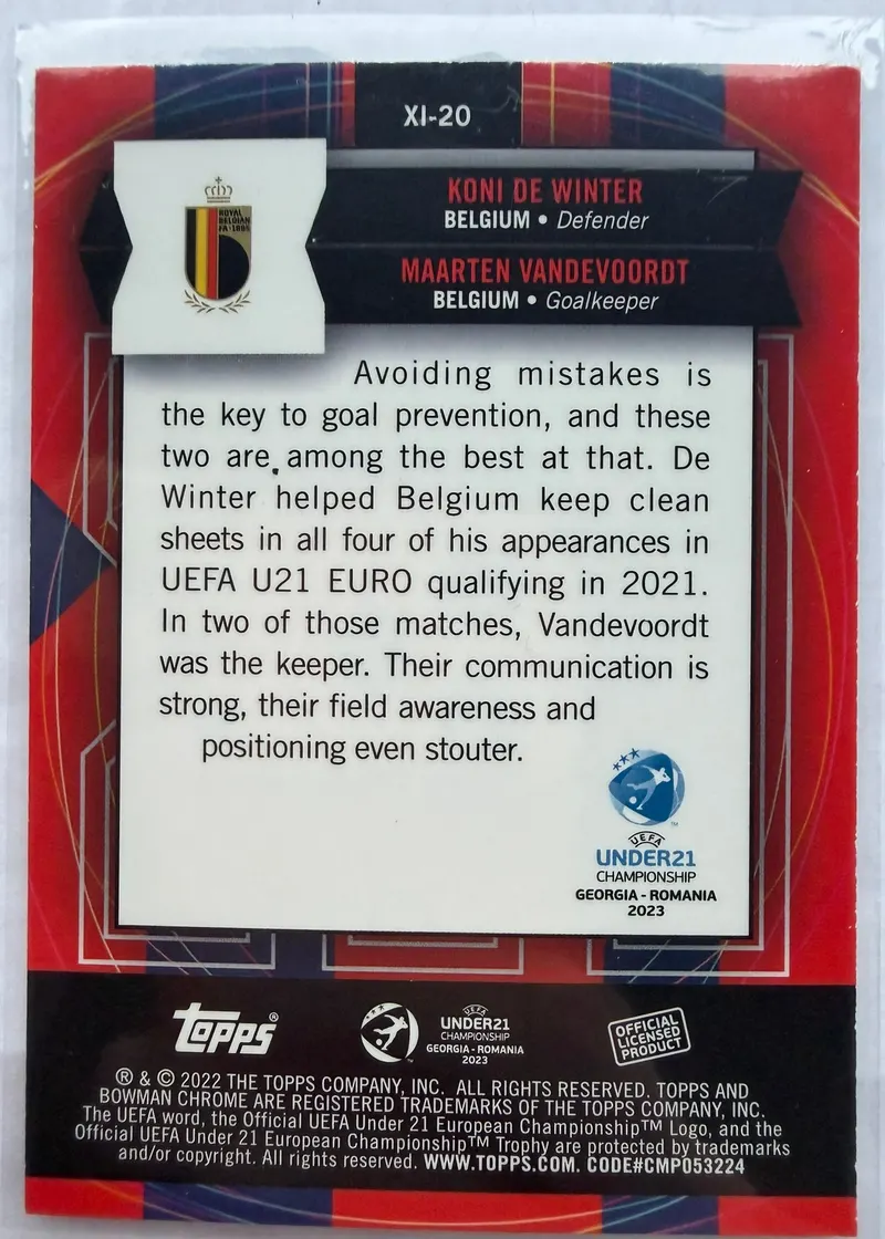 Koni De Winter i Maarten Vandevoordt, Topps Bowman Chrome Road to UEFA Under-21 2023 — rewers karty XI-20 z opisem obu zawodników i herbem Belgii