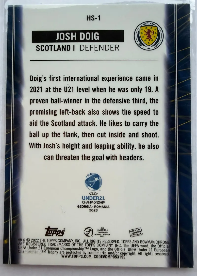 Josh Doig, Topps Bowman Chrome Road to UEFA Under-21 2023 — rewers karty HS-1 z opisem zawodnika i herbem Szkocji