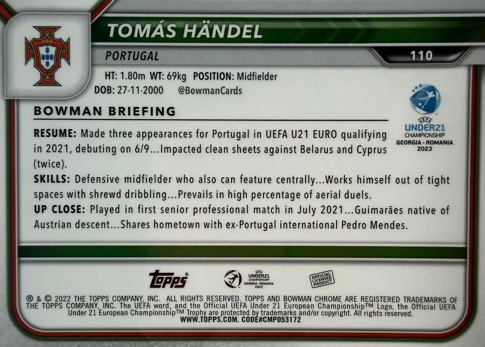 Tomás Händel, Topps Bowman Chrome Road to UEFA Under-21 2023 — poziomy rewers karty 110 z profilem Bowman Briefing i flagą Portugalii