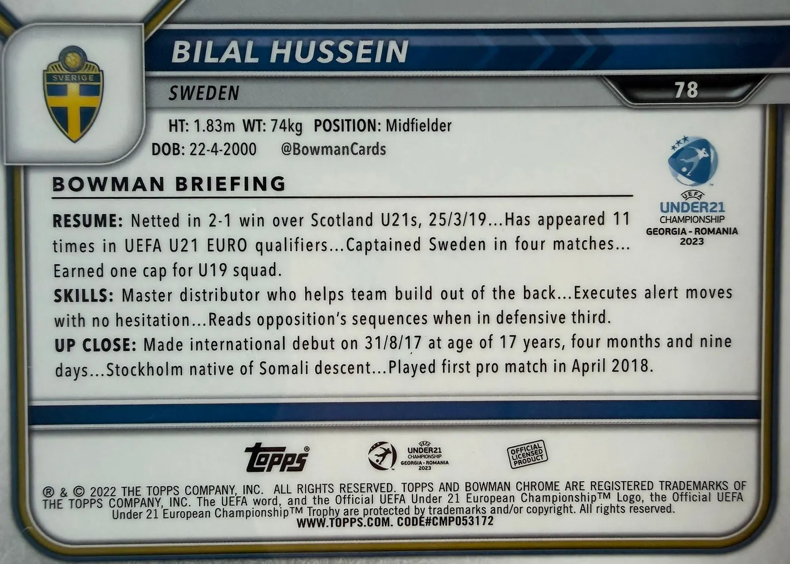 Bilal Hussein, Topps Bowman Chrome Road to UEFA Under-21 2023 — poziomy rewers karty 78 z profilem Bowman Briefing i flagą Szwecji