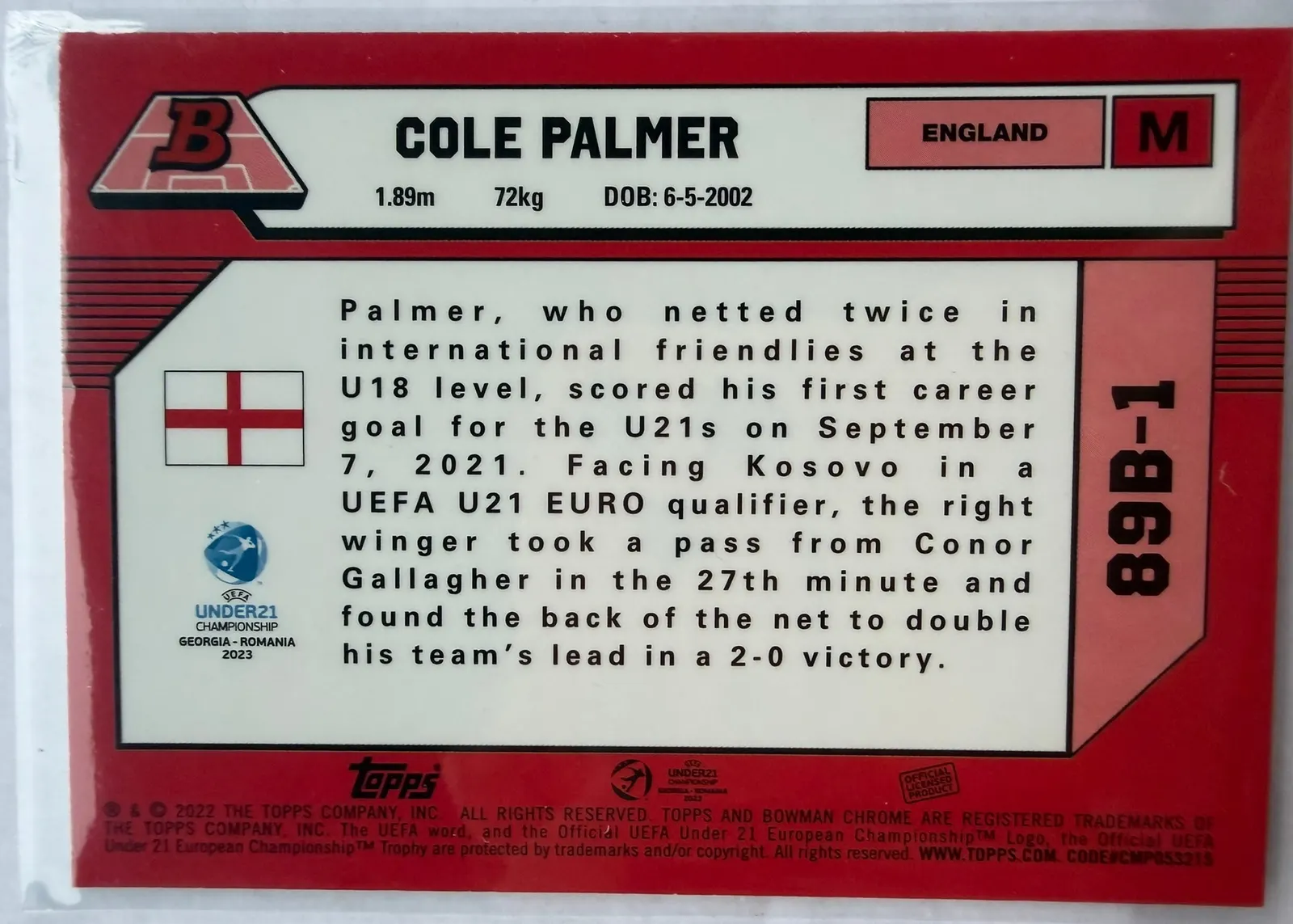 Cole Palmer, Topps Bowman Chrome Road to UEFA Under-21 2023 — poziomy rewers karty 89B-1 na czerwonym tle w stylu Bowmana z 1989 roku