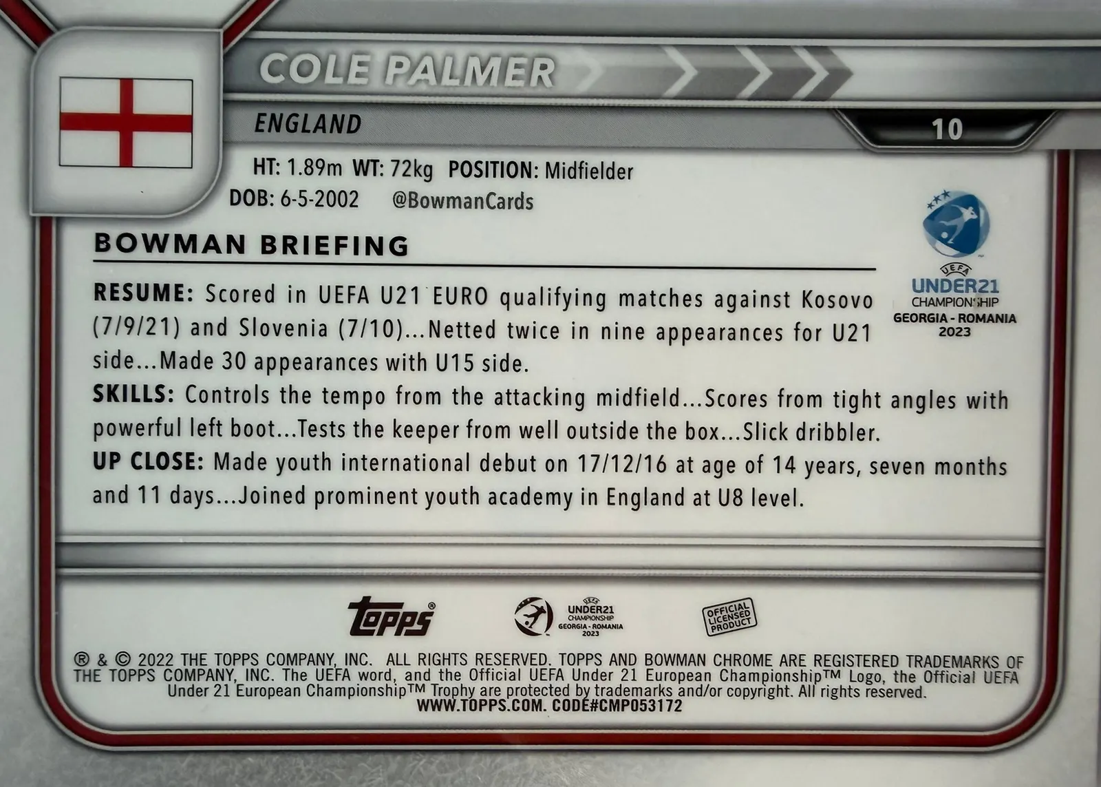 Cole Palmer, Topps Bowman Chrome Road to UEFA Under-21 2023 — poziomy rewers karty 10 z profilem Bowman Briefing i flagą Anglii