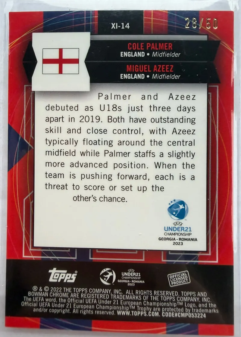 Cole Palmer i Miguel Azeez, Topps Bowman Chrome Road to UEFA Under-21 2023 — rewers karty XI-14 ze złotą numeracją 28/50 i opisem obu zawodników