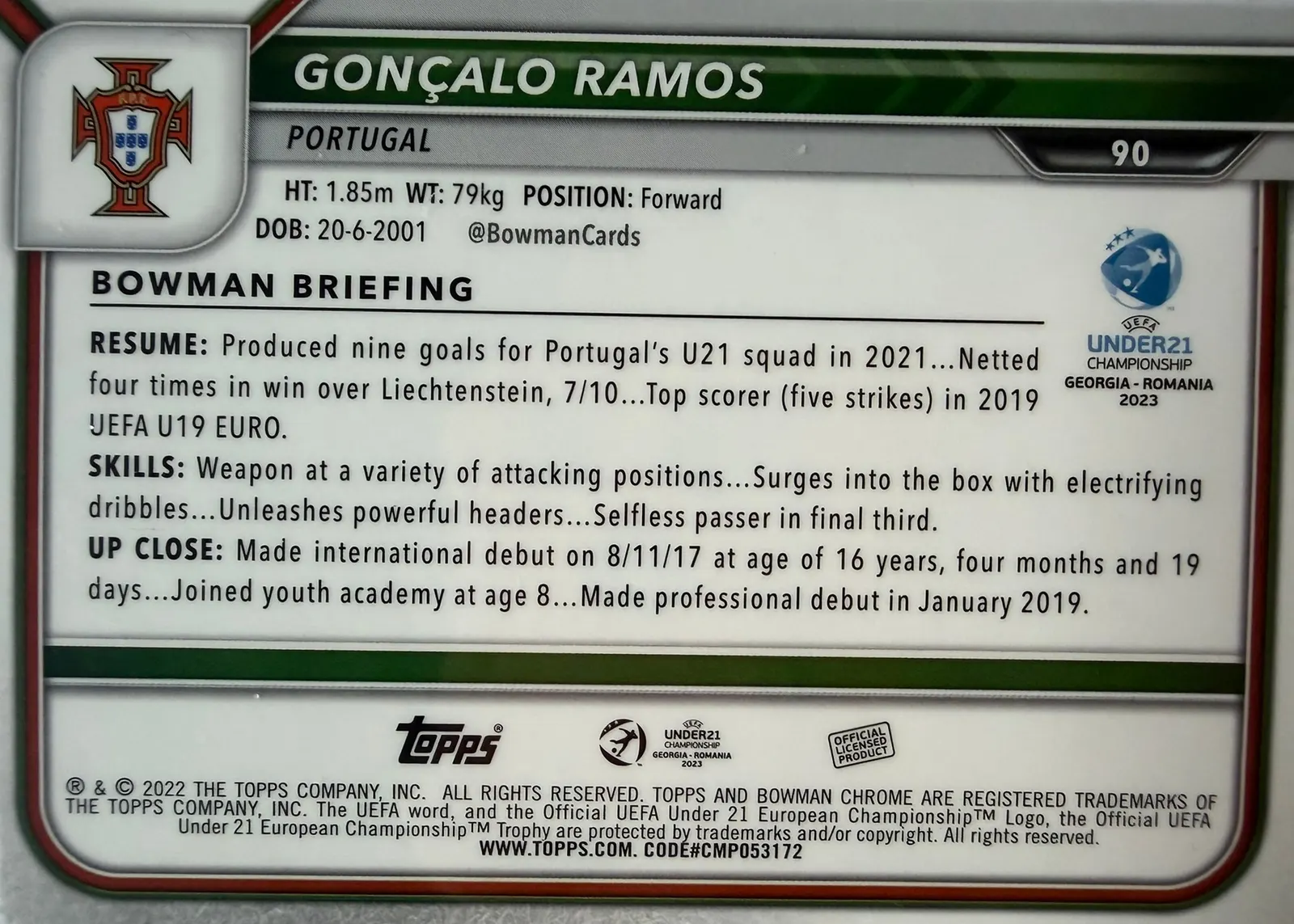 Gonçalo Ramos, Topps Bowman Chrome Road to UEFA Under-21 2023 — poziomy rewers karty 90 z profilem Bowman Briefing i flagą Portugalii