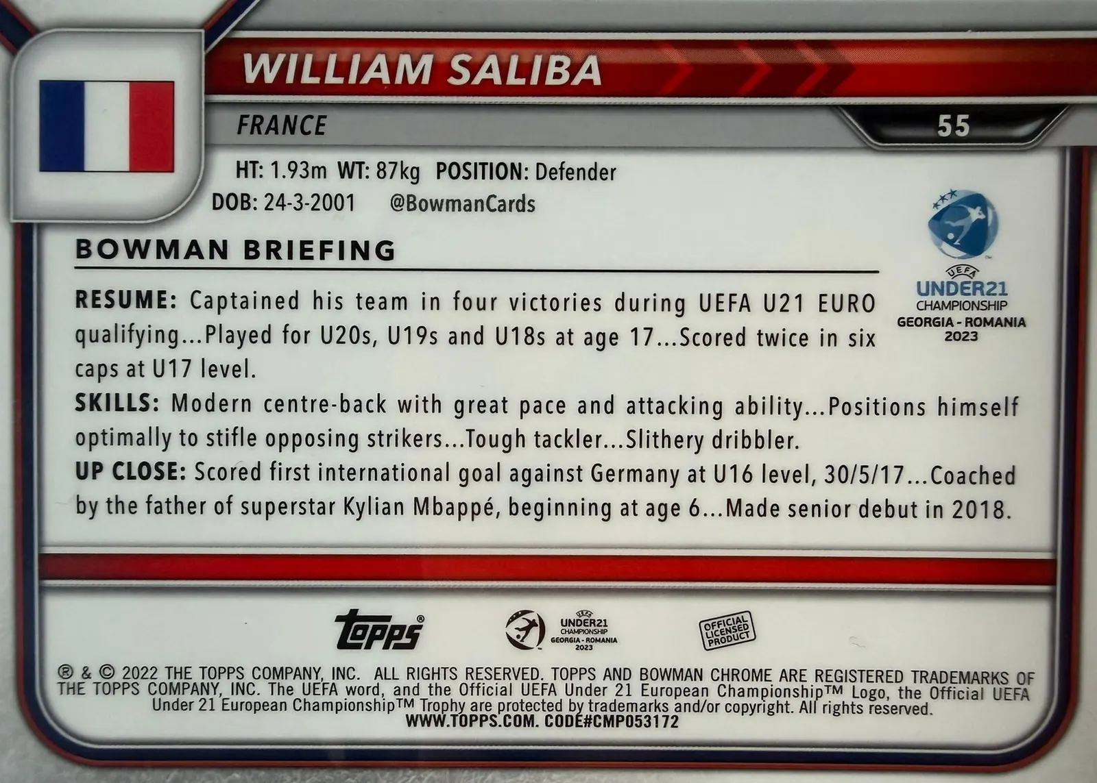 William Saliba, Topps Bowman Chrome Road to UEFA Under-21 2023 — poziomy rewers karty 55 z profilem Bowman Briefing i flagą Francji