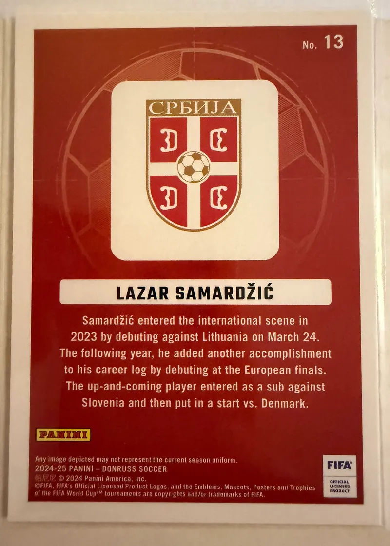 Lazar Samardžić, Panini Donruss 2024/25 Craftsmen nr 13 — rewers z herbem Serbii