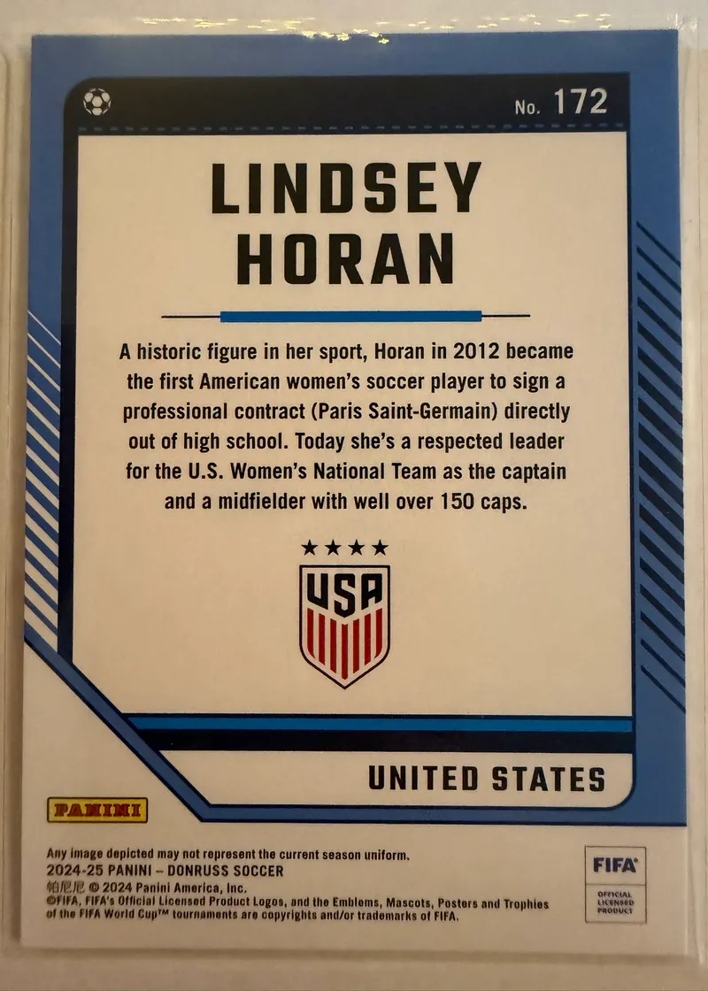 Lindsey Horan, Panini Donruss 2024/25 nr 172 — rewers z herbem Stanów Zjednoczonych i opisem zawodniczki
