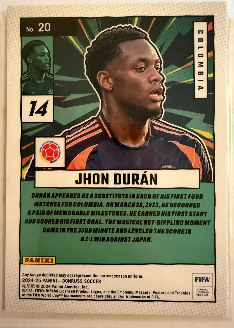 Jhon Durán, Panini Donruss 2024/25 Net Marvels nr 20 — rewers z herbem Kolumbii