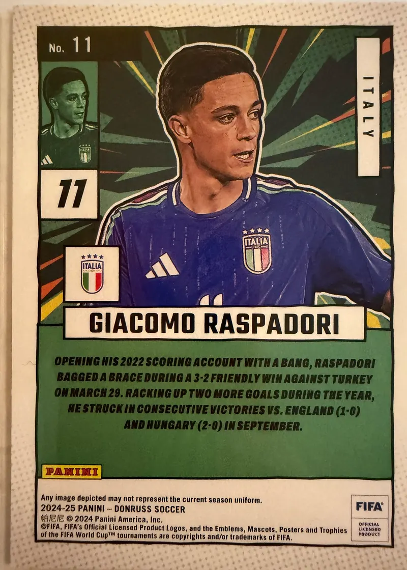 Giacomo Raspadori, Panini Donruss 2024/25 Net Marvels nr 11 — rewers z herbem Włoch