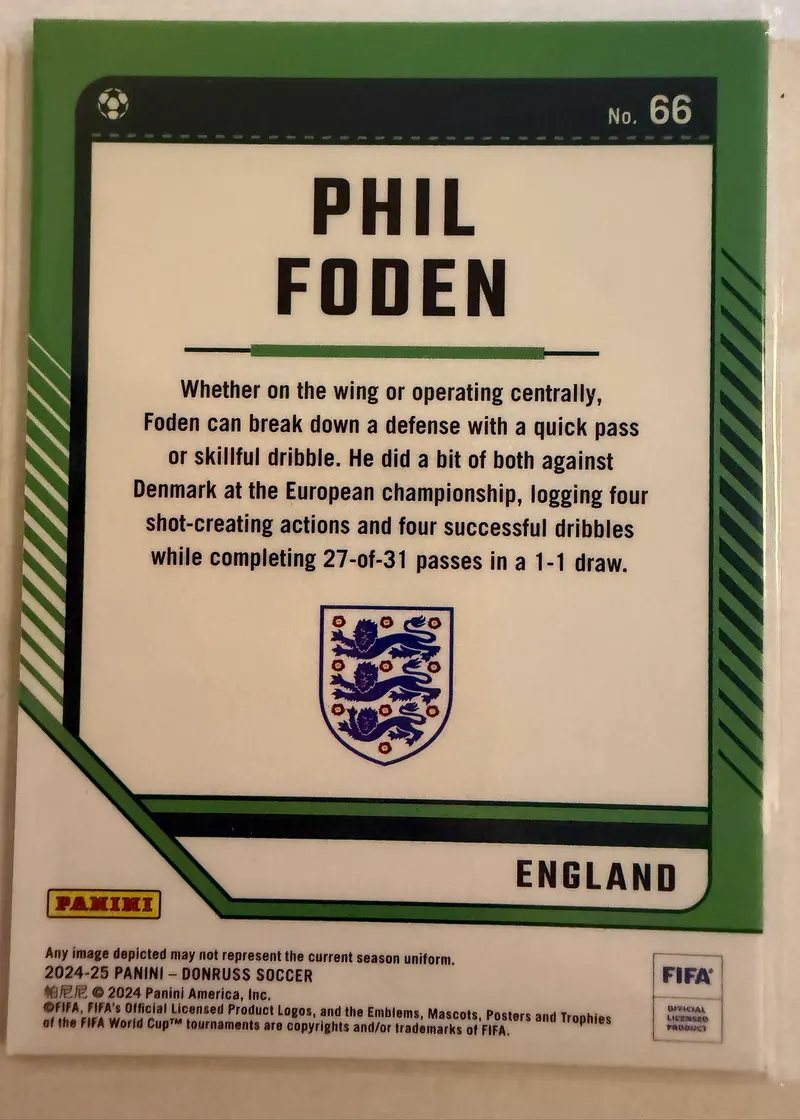 Phil Foden, Panini Donruss 2024/25 nr 66 — rewers z herbem Anglii i opisem zawodnika