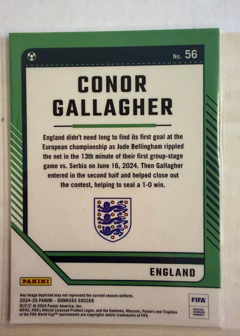 Conor Gallagher, Panini Donruss 2024/25 nr 56 — rewers z herbem Anglii i opisem zawodnika