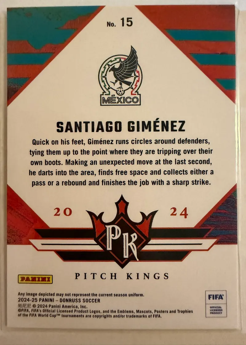 Santiago Giménez, Panini Donruss 2024/25 Pitch Kings nr 15 — rewers z herbem Meksyku