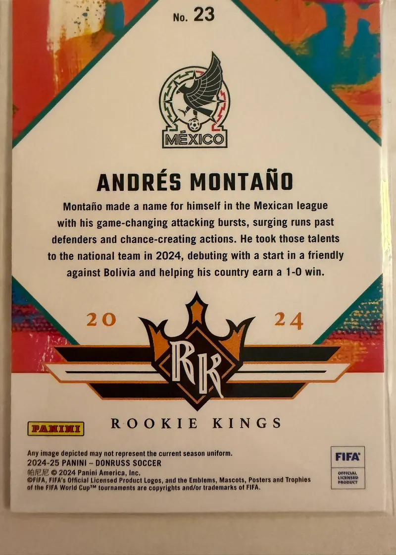 Andrés Montaño, Panini Donruss 2024/25 Rookie Kings nr 23 — rewers z herbem Meksyku