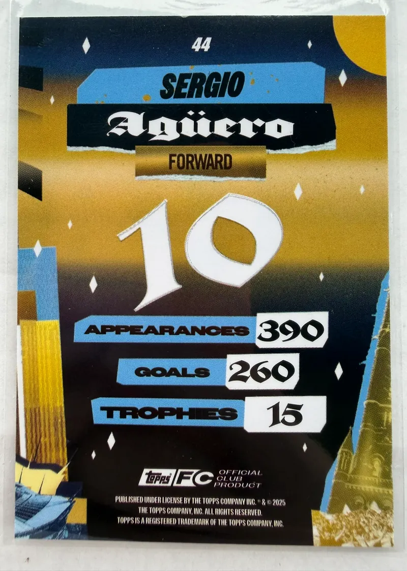 Sergio Agüero, Topps Team Set Manchester City 2024/25 — rewers karty 44 ze statystykami: 390 występów, 260 goli, 15 trofeów