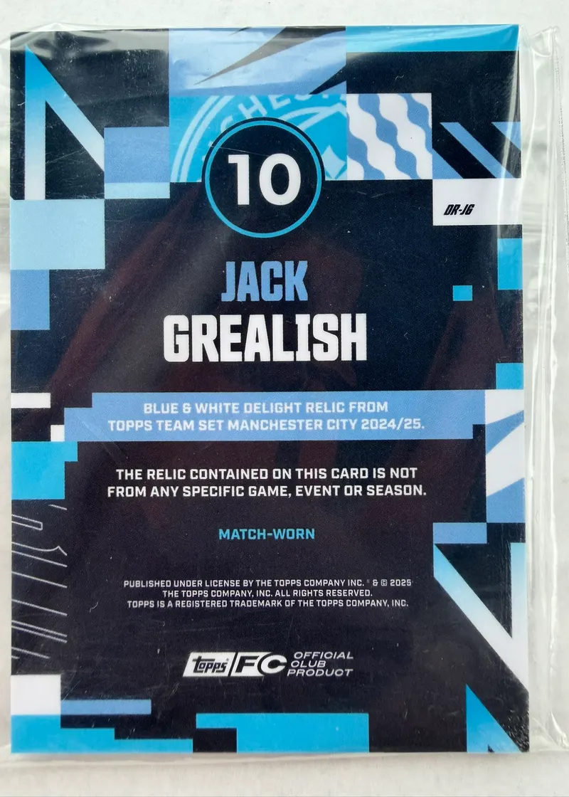 Jack Grealish, Topps Team Set Manchester City 2024/25 — rewers z opisem relikwii i oznaczeniem match-worn