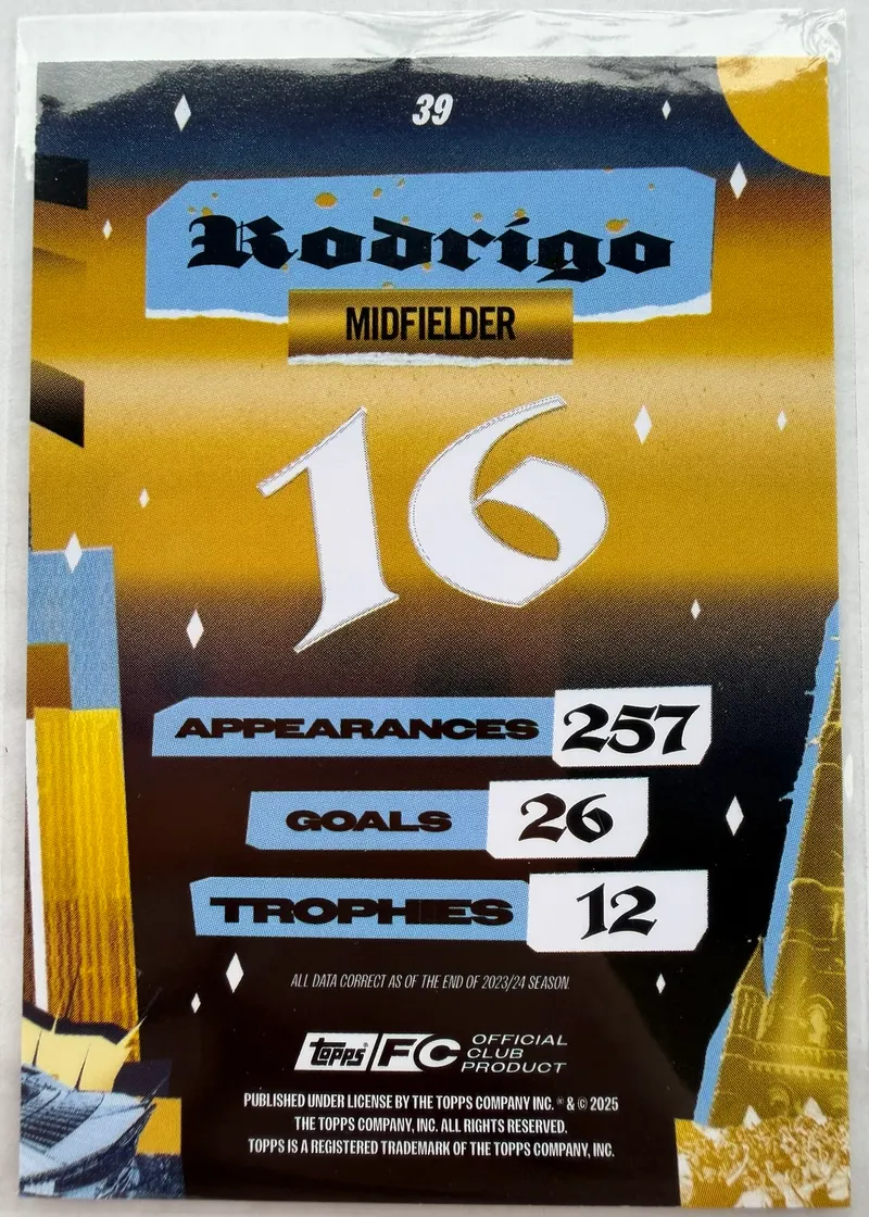 Rodri, Topps Team Set Manchester City 2024/25 — rewers karty 39 ze statystykami: 257 występów, 26 goli, 12 trofeów