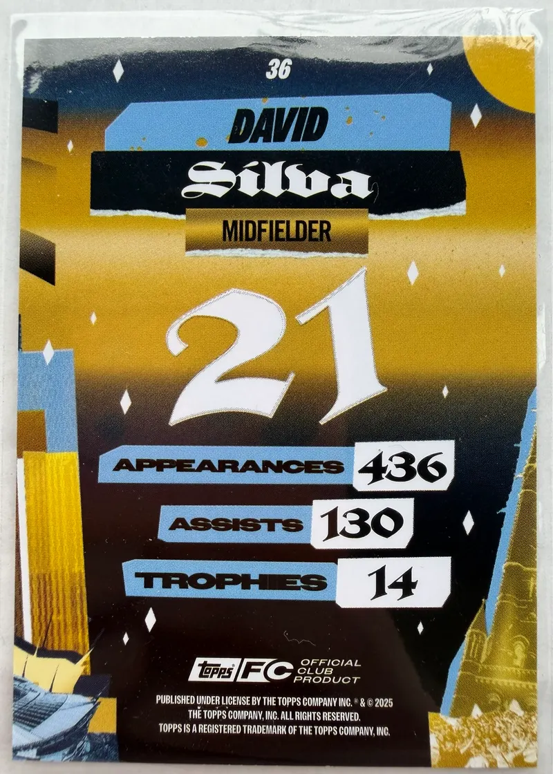David Silva, Topps Team Set Manchester City 2024/25 — rewers karty 36 ze statystykami: 436 występów, 130 asyst, 14 trofeów