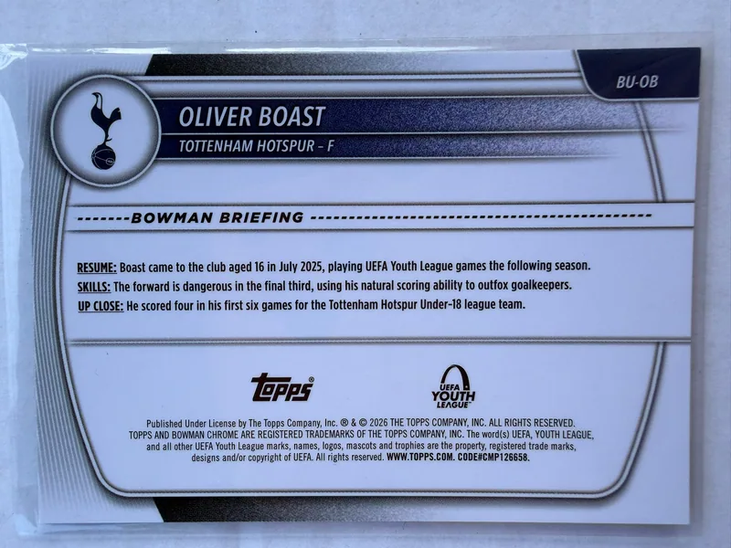 Oliver Boast — Bowman Chrome UEFA Youth League 2025/26 Bowman 1st, karta BU-OB, tył