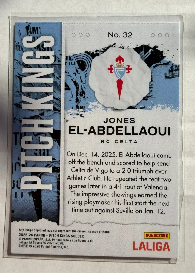 Jones El-Abdellaoui, Panini Pitch Kings 2025/26, karta 32 — rewers z herbem RC Celta i opisem dwóch goli z ławki
