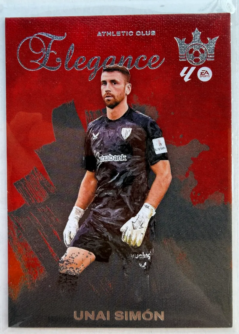 Unai Simón, Panini Pitch Kings 2025/26 Elegance, karta 12 — awers z czerwonym malarskim tłem i bramkarzem Athletiku Bilbao