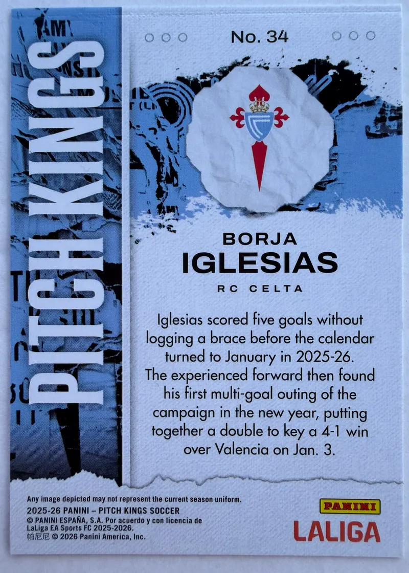 Borja Iglesias, Panini Pitch Kings 2025/26, karta 34 — rewers z herbem Celty Vigo i opisem zawodnika
