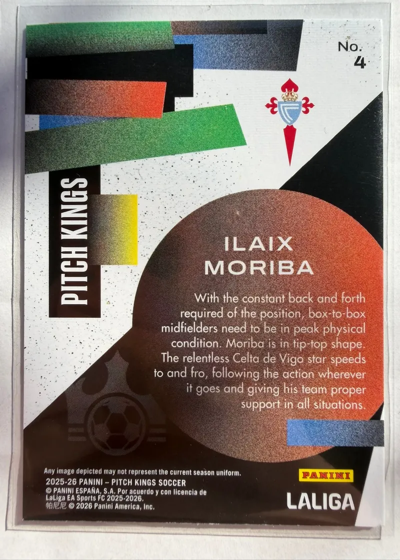 Ilaix Moriba, Panini Pitch Kings 2025/26 Maestros, karta 4 — rewers z herbem RC Celta i opisem zawodnika
