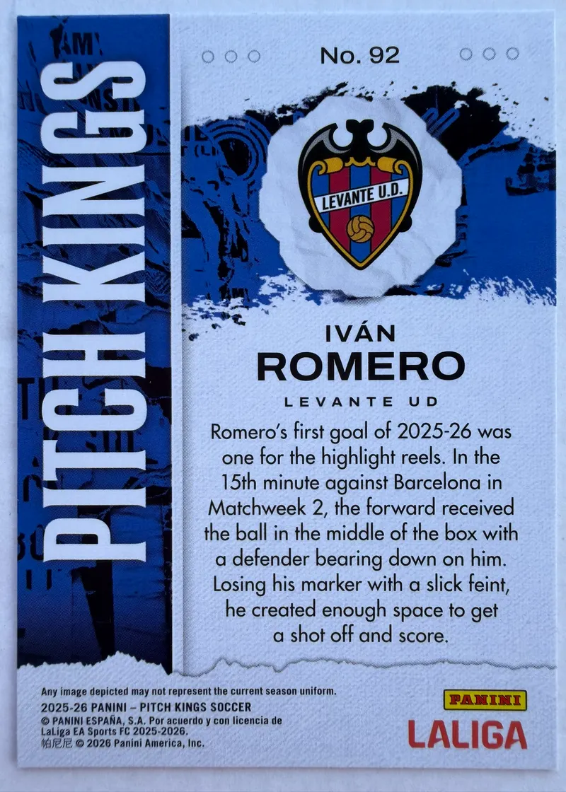 Iván Romero, Panini Pitch Kings 2025/26, karta 92 — rewers z herbem Levante i opisem zawodnika