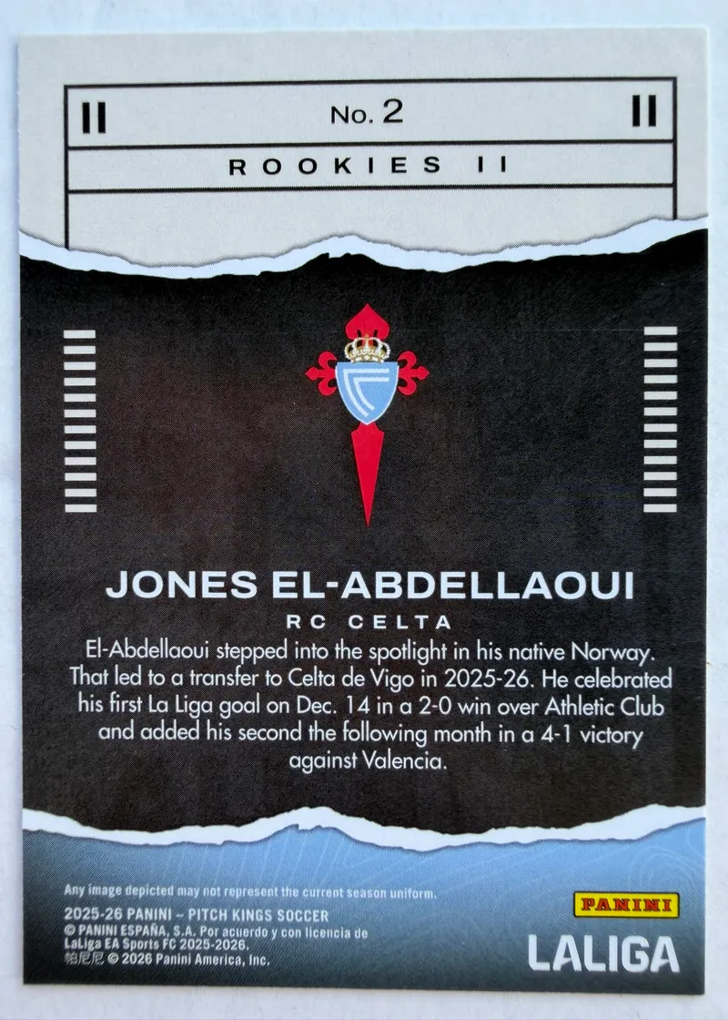 Jones El-Abdellaoui, Panini Pitch Kings 2025/26 Rookies II, karta 2 — rewers z herbem Celty Vigo i opisem zawodnika