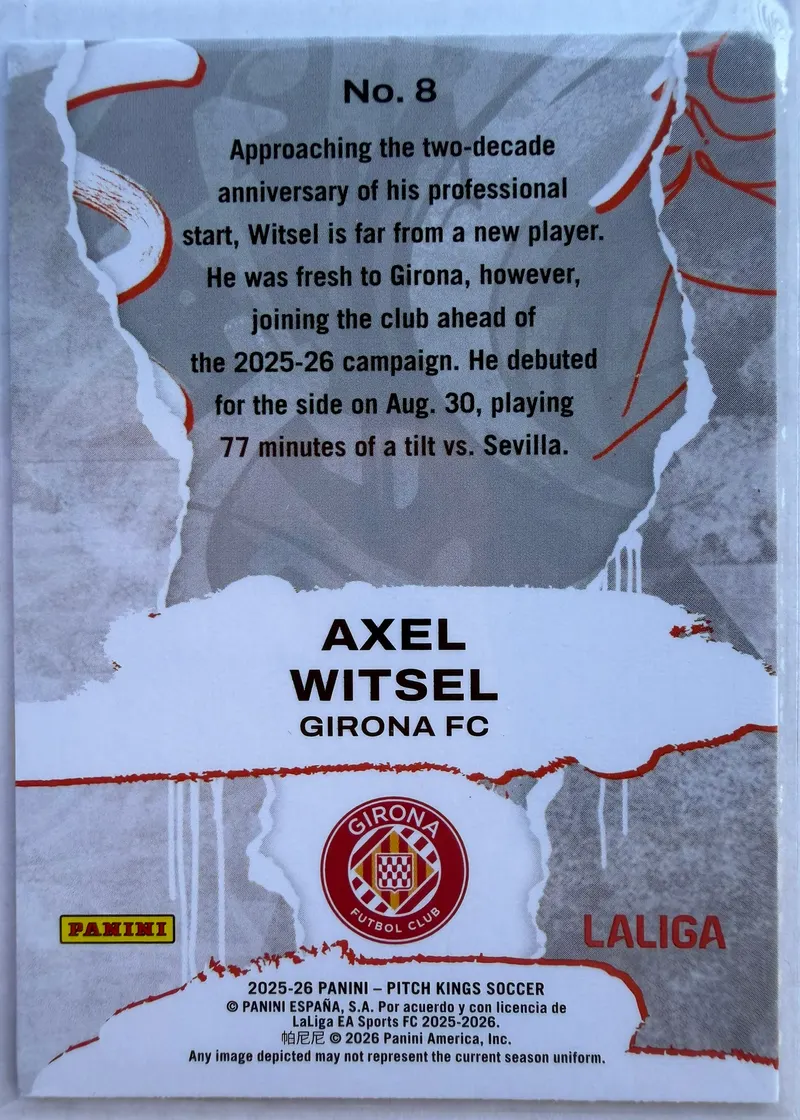 Axel Witsel, Panini Pitch Kings 2025/26 Self Expression, karta 8 — rewers z herbem Girony i opisem zawodnika
