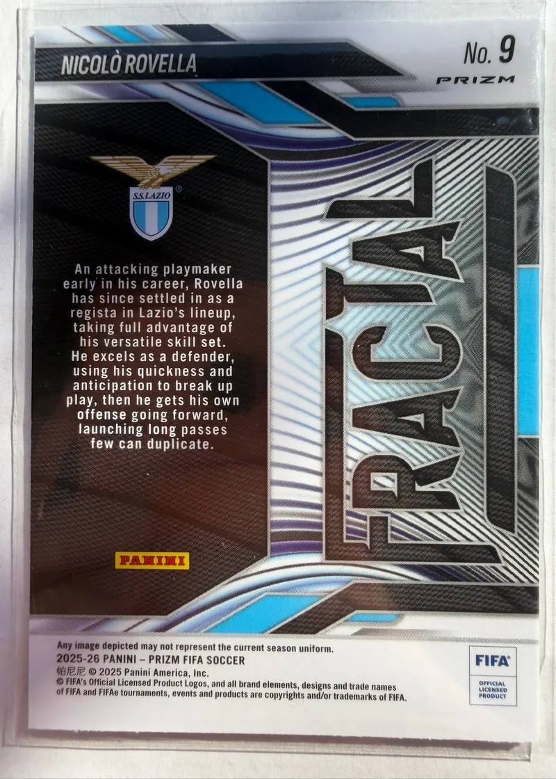 Nicolò Rovella, Panini Prizm FIFA 2025/26 Fractal, karta 9 — rewers z herbem SS Lazio i opisem zawodnika