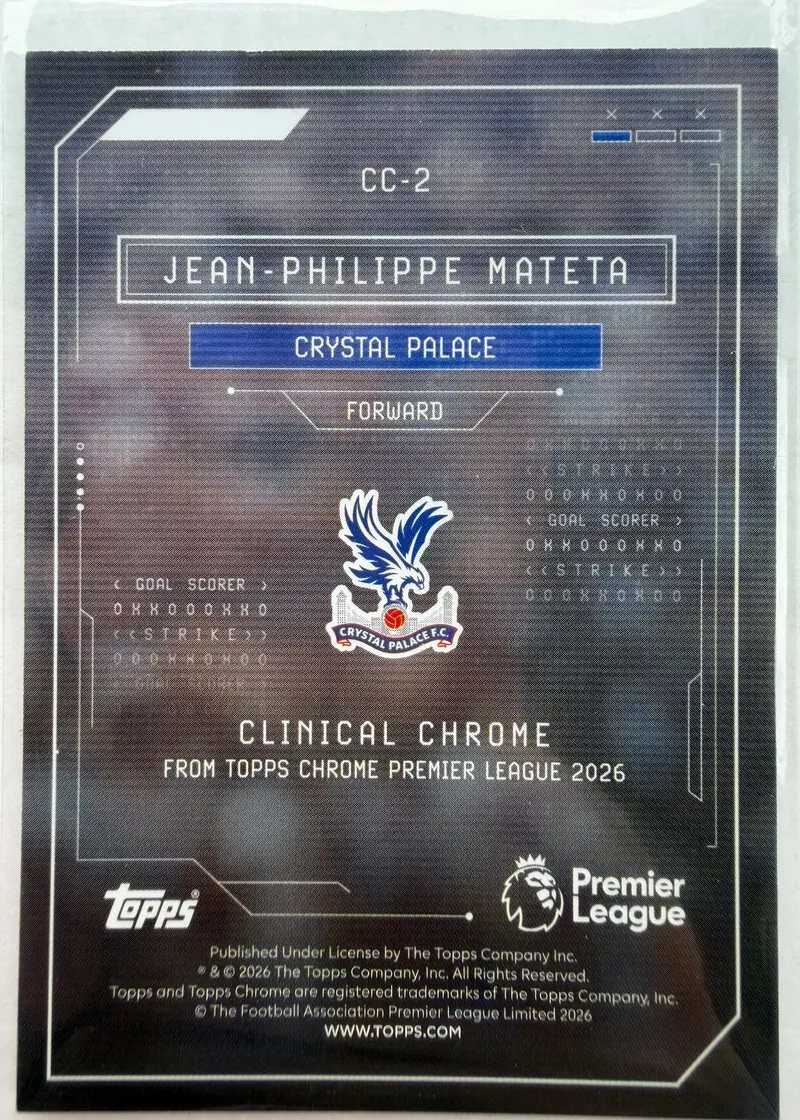 Jean-Philippe Mateta, Topps Chrome Premier League 2025/26 Clinical Chrome CC-2 — rewers z herbem Crystal Palace i oznaczeniem podserii