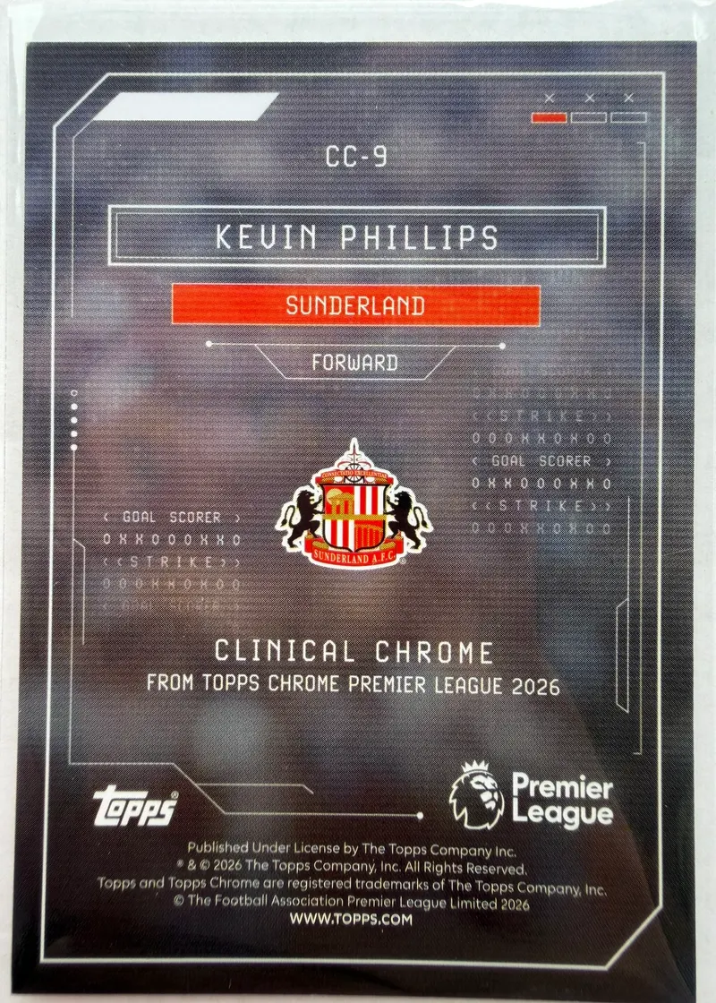 Kevin Phillips, Topps Chrome Premier League 2025/26 Clinical Chrome CC-9 — rewers z herbem Sunderlandu i oznaczeniem podserii