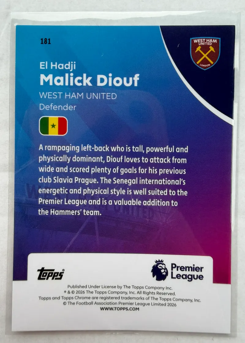El Hadji Malick Diouf, Topps Chrome Premier League 2025/26, karta 181 — rewers z herbem West Hamu, flagą Senegalu, oznaczeniem RC i opisem zawodnika