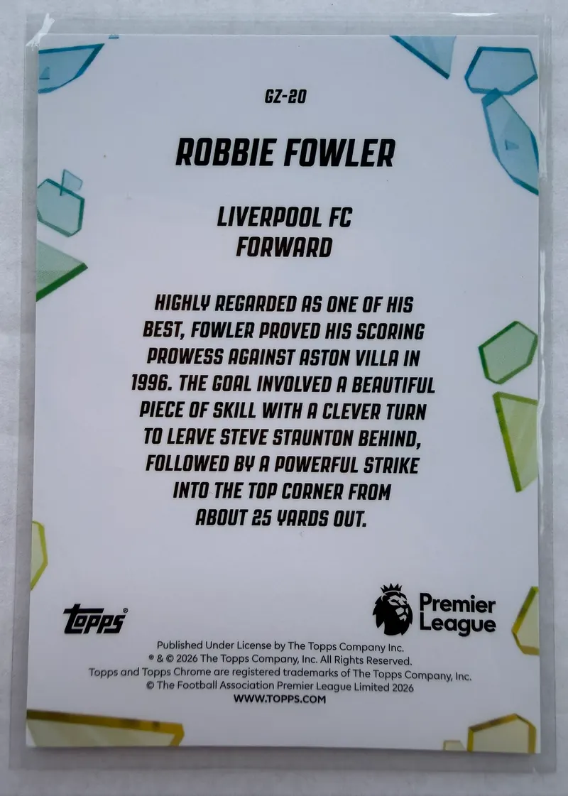 Robbie Fowler, Topps Chrome Premier League 2025/26 Golazo GZ-20 — rewers z herbem Liverpoolu i opisem bramki