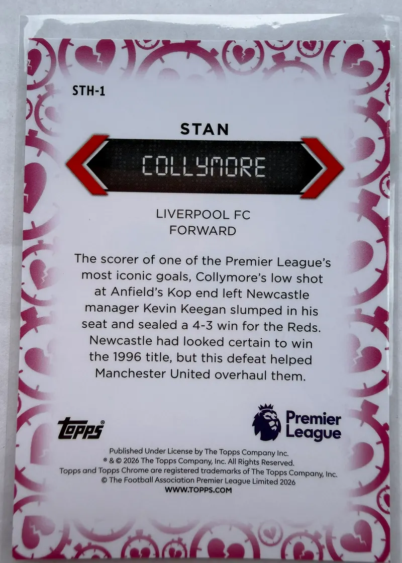 Stan Collymore, Topps Chrome Premier League 2025/26 Stoppage Time Heartbreaker STH-1 — rewers z herbem Liverpoolu i opisem bramki w doliczonym czasie gry