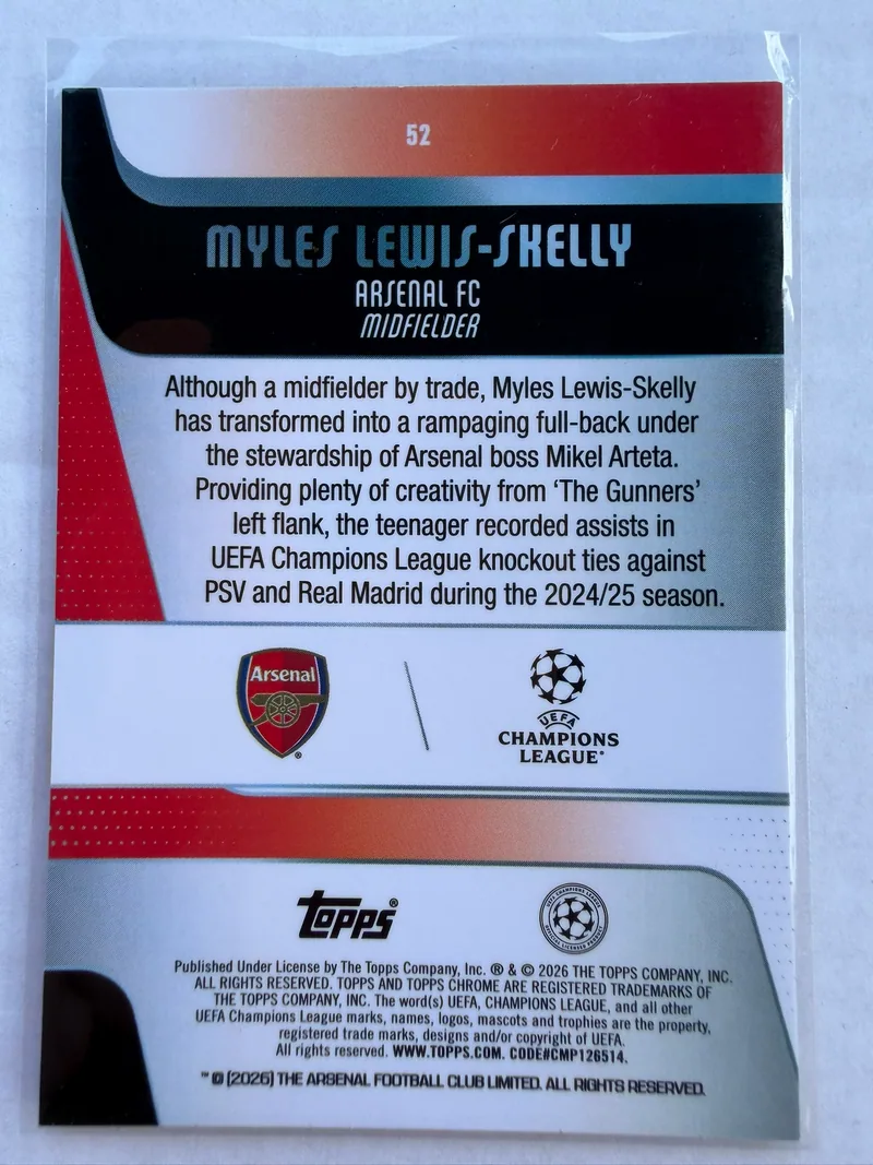 Myles Lewis-Skelly — Topps Chrome UEFA Club Competitions 2025/26 Future Stars, karta 52, tył