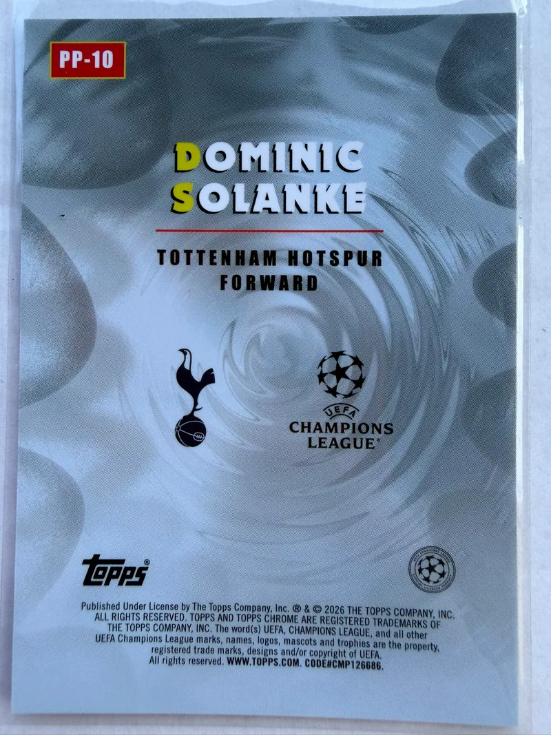 Dominic Solanke — Topps Chrome UEFA Club Competitions 2025/26 Power Players, karta PP-10, tył