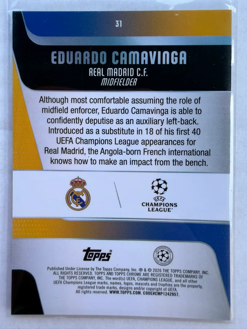 Eduardo Camavinga — Topps Chrome UEFA Club Competitions 2025/26 Pulsar Refractor, karta 31, tył