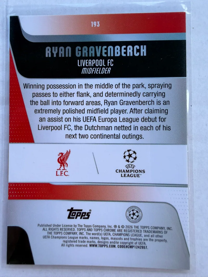 Ryan Gravenberch — Topps Chrome UEFA Club Competitions 2025/26 Pulsar Refractor, karta 193, tył