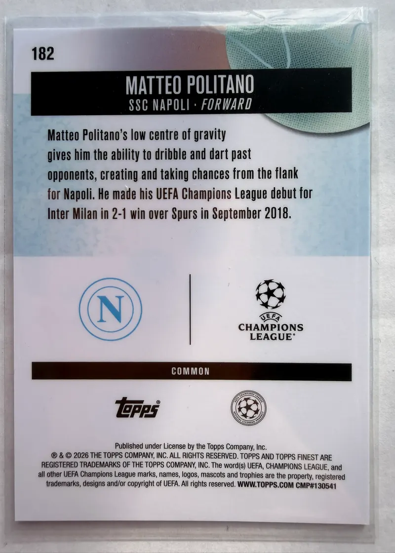 Matteo Politano, Topps Finest UEFA Club Competitions 2025/26, karta 182 — rewers z herbem Napoli, logo Ligi Mistrzów i oznaczeniem COMMON