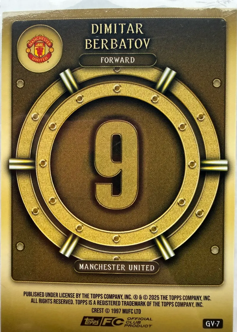 Dimitar Berbatov, Topps Collector Tin Manchester United 2025/26 — rewers karty GV-7 z numerem 9 w kole skarbca