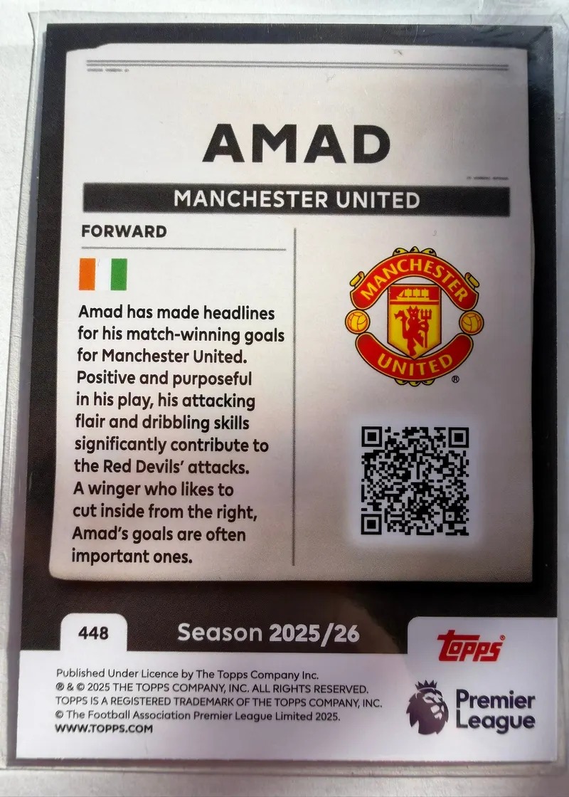 Amad, Topps Premier League Debut Edition 2025/26 — rewers karty 448 z opisem bramek rozstrzygających mecze
