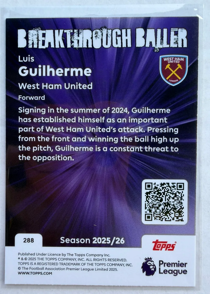 Luis Guilherme, Topps Premier League Debut Edition 2025/26 Breakthrough Baller RC nr 288 — rewers z opisem zawodnika